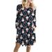 Ladies Christmas Print Midi Dress Women Cocktail Party Dress Xmas Gifts Plus Size Vocation Dresses Long Sleeve Round Neck Tunic Dress with Pockets