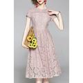 Women Short Sleeve Mid Length Lace Embroidery Beautiful Dress
