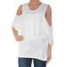 CALVIN KLEIN Womens White Ruffled Cold Shoulder Short Sleeve Scoop Neck Tunic Evening Top Size XS