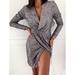 Women Deep V-Neck Sequin Mini Autumn Winter Long Sleeve Party Dress