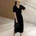Sonbest Women's Summer V-Neck Short Sleeve Solid Ruched Dress Ladies Casual Dresses Black Dress M