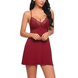 Frecoccialo Women Lace Sleepwear Deep V Neck Hot Erotic Nightie Nightgown Sleep Wear (Red,Small)