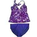 Womens Purple Violet Floral Flower 2 Piece Swimming Suit Leaf Print Tankini Set