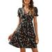 Avamo Womens Summer V Neck Puff Sleeve Floral Print Mini Dress Casual Loose High Waist Mini Dress Ladies Beach Party Sundress