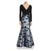 AVERY G Womens Blue Gown Floral Metallic Long Sleeve V Neck Full-Length Mermaid Evening Dress Size 0