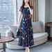 Floral Printed Summer Dress Women New Fashion High Waist O Neck Short Sleeve Dresses De Fiesta De Party Vestidos,Dark Blue, M