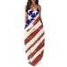 Sexy Dance Women Spaghetti Strap Maxi Dress American Flag National Day Party Sleeveless Irregular Hem Dress with Pockets Size S-XXL