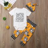 3PCS Baby Boys Cute Letter Print Romper Tops Long Print Pants and Hat Outfits Set