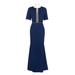 Adrianna Papell Embellished Crew Neck 3/4 Sleeve Zipper Back Stretch Crepe Trumpet Dress-LIGHT NAVY