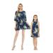 Mother & Daughter Matching Hawaii Luau Poncho Dress Girl Round Neck Ruffle in Wispy Cereus Black