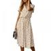 Womens Casual Wrap Midi Dress Long Sleeves Floral Boho Leopard Polka Dot Flower A Line Beach Party Maxi Dress