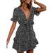 Diconna Women Boho Dress Floral Vintage Sundress Wrap Beach Dress Ruffle Swing Dress A Line Mini Dress