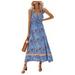 LA HIEBLA Women Casual Summer Dress, Floral V-Neck Backless Ruffled Long Dress