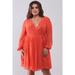 Plus Wrap Deep V-neck Long Puff Sleeve With Elasticated Cuff Pleated Mini Dress 3XL