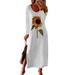 Avamo Boho Casual Loose Split Maxi Dress For Women Holiday Party Crew Neck T Shirt Dress Girls Casual Long Sleeve Daisy Print Dress Floral Baggy A Line Dress Plus Size