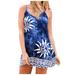 TOYFUNNY Women V-Neck Spaghetti Strap Dress Geometric Print Blue Tie-Dye Mini Dress