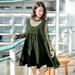 Elegant Women Loose Dress Lace Ruffles Long Sleeves Round Neck High Waist Pleated Midi Party Dress