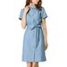 Allegra K Women's Pan Collar Button Down Belted Short Sleeve Denim Shirt Dress