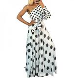 Summer Dress Women One Shoulder Beach Style Asymmetric Long Sleeve Polka Dot Lace High Waistline Slim Floor-Length Dress White