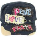 SILVERFEVER Women's Military Cadet Cap Hat - Patch Cotton - Studded & Embroidered (Navy, Peace Love Faith)