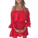 Womens Off One Shoulder Mini Dress High Waist Ruffle Sleeve Solid Color Beach Ruffle Dress