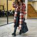 Women Fashion Outwear Plaid Print Long Sleeve Lapel Long Jacket Trench Coat