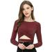 Allegra K Women's Long Sleeve Cut Out Front Glitter Cross Crop Tops