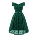 Women Lace Skater Dress Off the Shoulder Bow Pleated A-Line Bridesmaid Evening Party Gown Dress