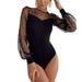 Women Round Collar Mesh Hollow Long Sleeve Bodysuit, Tight Solid Color High Waist Blouse