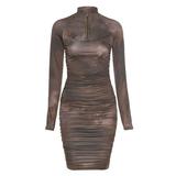 Print Mock Neck Bodycon Midi Dress Women 2020 Casual High Street Long Sleeve Ruched Slim Zipper Club Party Dress