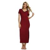 MintLimit Women's Long Nightgowns Loungewear Sleepwear Short Sleeve Side Slit Nightshirt V Neck Full Length Sleep Dress