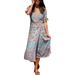 Summer V Neck Wrap Boho Long Dress for Women Casual Floral Printed Short Sleeve Sundress Party Holiday Oversized Midi Dress Ladies Sexy Split Flowy Dress