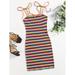 Knot Shoulder Rainbow Striped Bodycon Dress