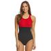 Sporti Textured Chlorine Resistant High Neck Colorblock One Piece Slimsuit (12, Black/Cherry)