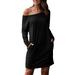 Women's Off Shoulder Dress Loose Tunics Long Sleeve Pocket Dress Casual Blouse Loose Round Neck Pullover Tunic Top Beach Wear Dresses Holidays Womens Loungewear