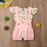 2Pcs Kids Baby Girls Outfit Fly Sleeve Floral T Shirt with Suspender Shorts Pants Set