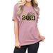 TWZH Women Hello 2021 Letter Heart Graphic Leopard Sequin Printed Tees Tops