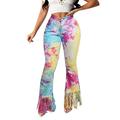 Aunavey Women's Tie-Dye Bell Bottom Jeans High Waist Tassel Denim Flare Pants