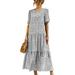 Summer Short Sleeve Long Dresses for Women Beach Holiday Party Dress Boho Vintage Printed Sundress Ladies Scoop Neck Tunic Dress