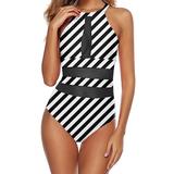 Women One Piece Mesh Swimsuit High Neck Halter Monokini Swimwear Padded Bathing Suit Plunge Bikini