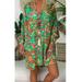 Summer Dress Women Print Large Size Flare Sleeve Loose V-neck Medium Long Sleeve Knee-Length Casual Floral Dress Green Yellow