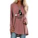 XS-5XL Women Oversized High Low T-Shirts Long Sleeve Tunic Tops Round Neck Casual Tees Shopping Streetwear Cat Letters Printed for Womens Ladies Juniors