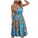 Mnycxen summer dresses Women's Summer Printed V-neck Casual Lace-up Sling Temperament Knee-length Dress