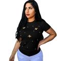 Women's Round Neck Short Sleeve Pearl Embellished Butterfly Print T-shirt