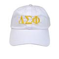 Delta Sigma Phi Fraternity Baseball Hat Greek Sports Cap One Size Adjustable Strap Delta Sig (White Hat/Yellow Letters)