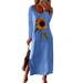 Avamo Oversize Casual Kaftan T-Shirt Dress For Women Baggy Daisy Print Long Sleeve Split Maxi Dress Ladies Floral Holiday Party Swing Dress Crew Neck Side Slit Tunic Dress