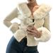 Seyurigaoka Women's Button Down Cardigan, Casual Long Sleeve V Neck Faux Fur Trim Slim Fit Sweater