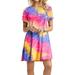 Sexy Dance Womens Boho Beach Dress Ladies Beachwear Tie-dye Print Short Sleeve Mini Dress Girls Casual Round Neck Rainbow Loose Mini Dress