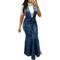 Women's Ruffle Hem Strap Skinny Denim Maxi Dresses Washed Jeans Long Pencil Dress Mermaid Skirt