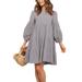 Women's Casual Long Sleeve Loose Swing Shift Dress Crew Neck Solid Pleated Babydoll Tunic Top Dress